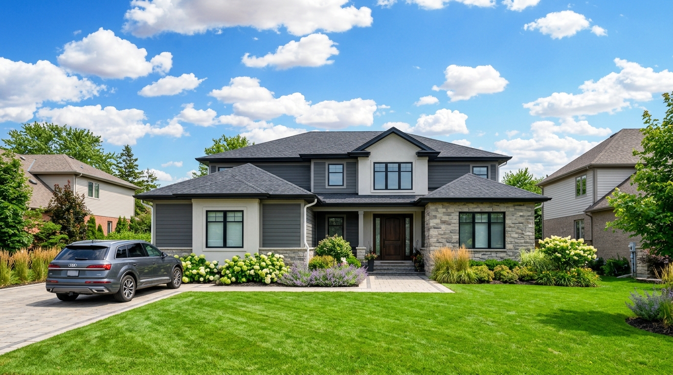 Modern luxury home with new gutters at sunset